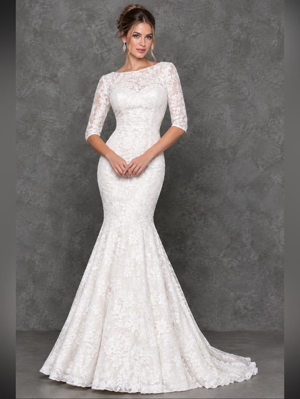 Glow WHITE 3/4 sleeves lace long gown